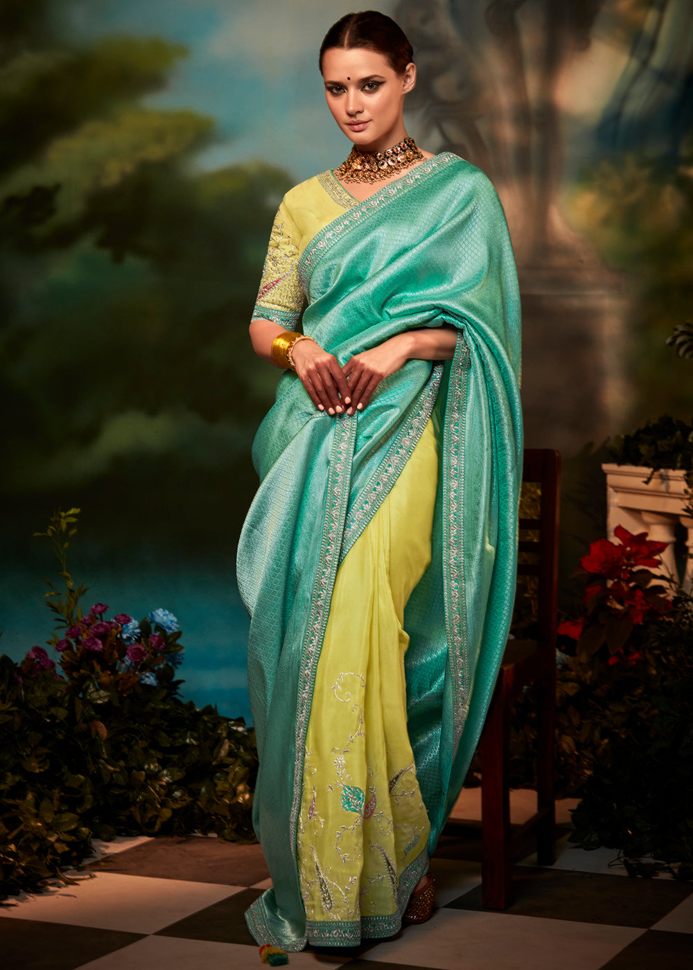 Acapulco Blue and Yellow Woven Banarasi Soft Silk Designer Saree