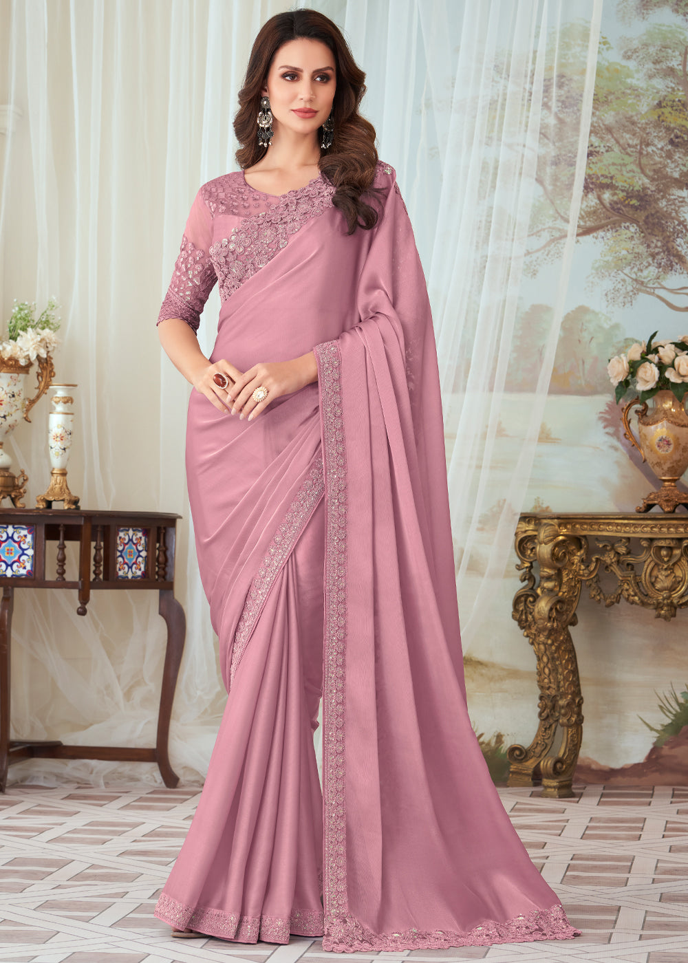 Old Rose Pink Woven Satin Silk Saree