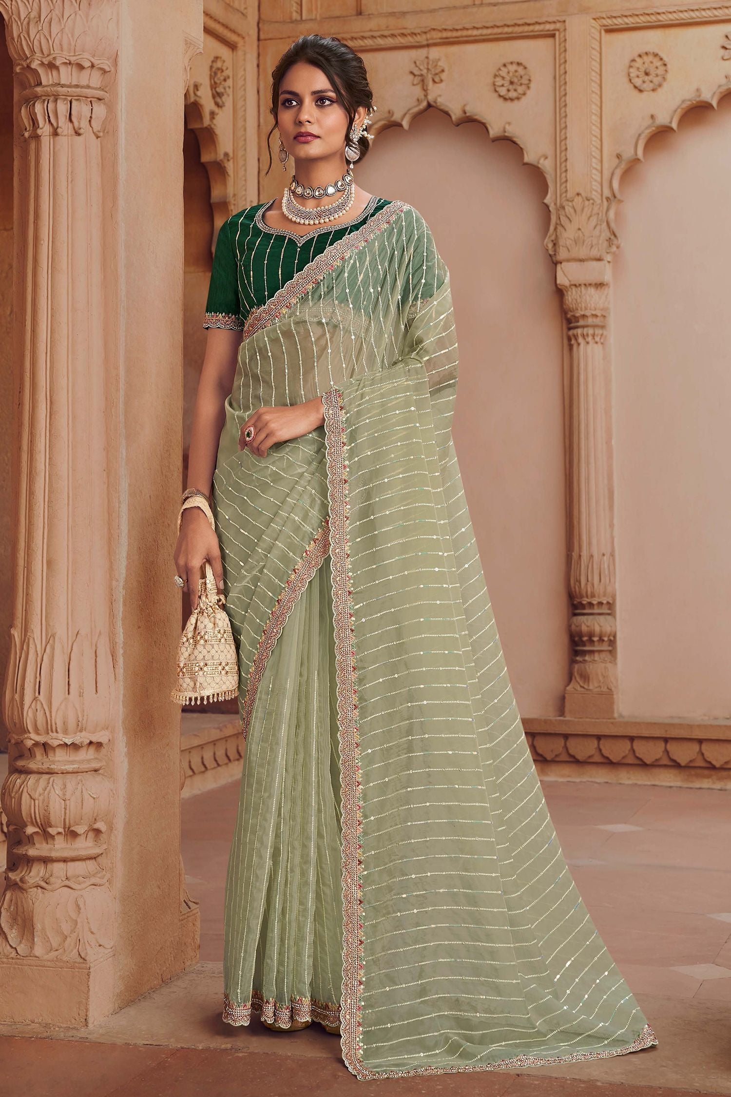 Hillary Green Organza Silk with Embroidered Designer Saree