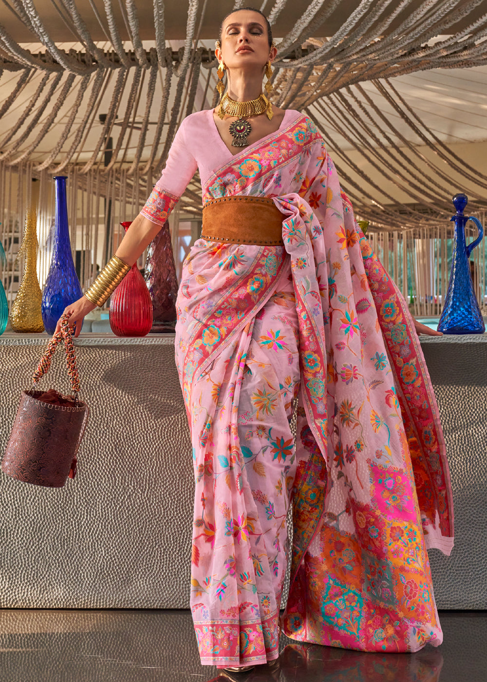 Shilo Pink Jamewar Kashmiri Cotton Silk Saree