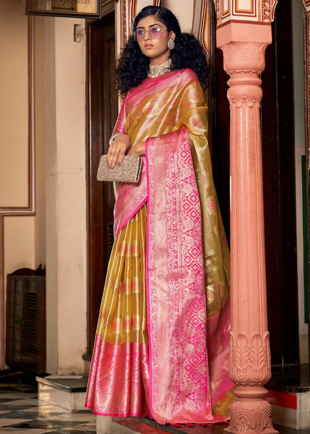 Tussock Golden and Pink Woven Banarasi Organza Silk Saree