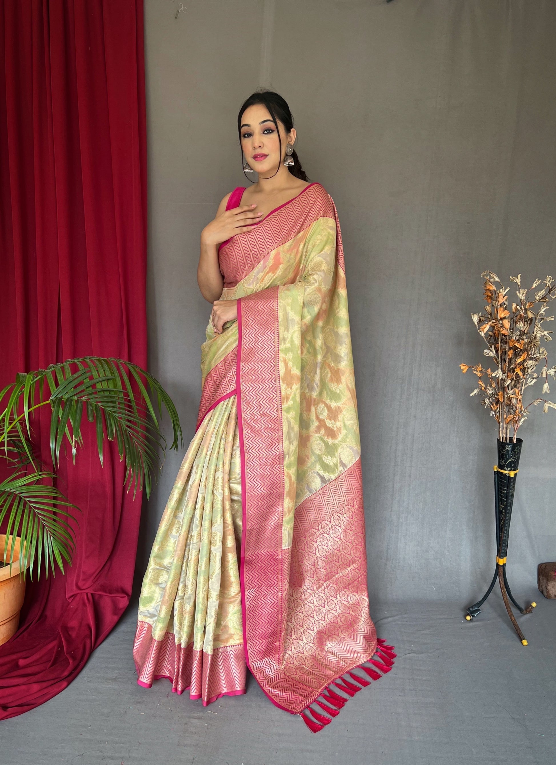 Straw Yellow Woven Organza Silk Saree