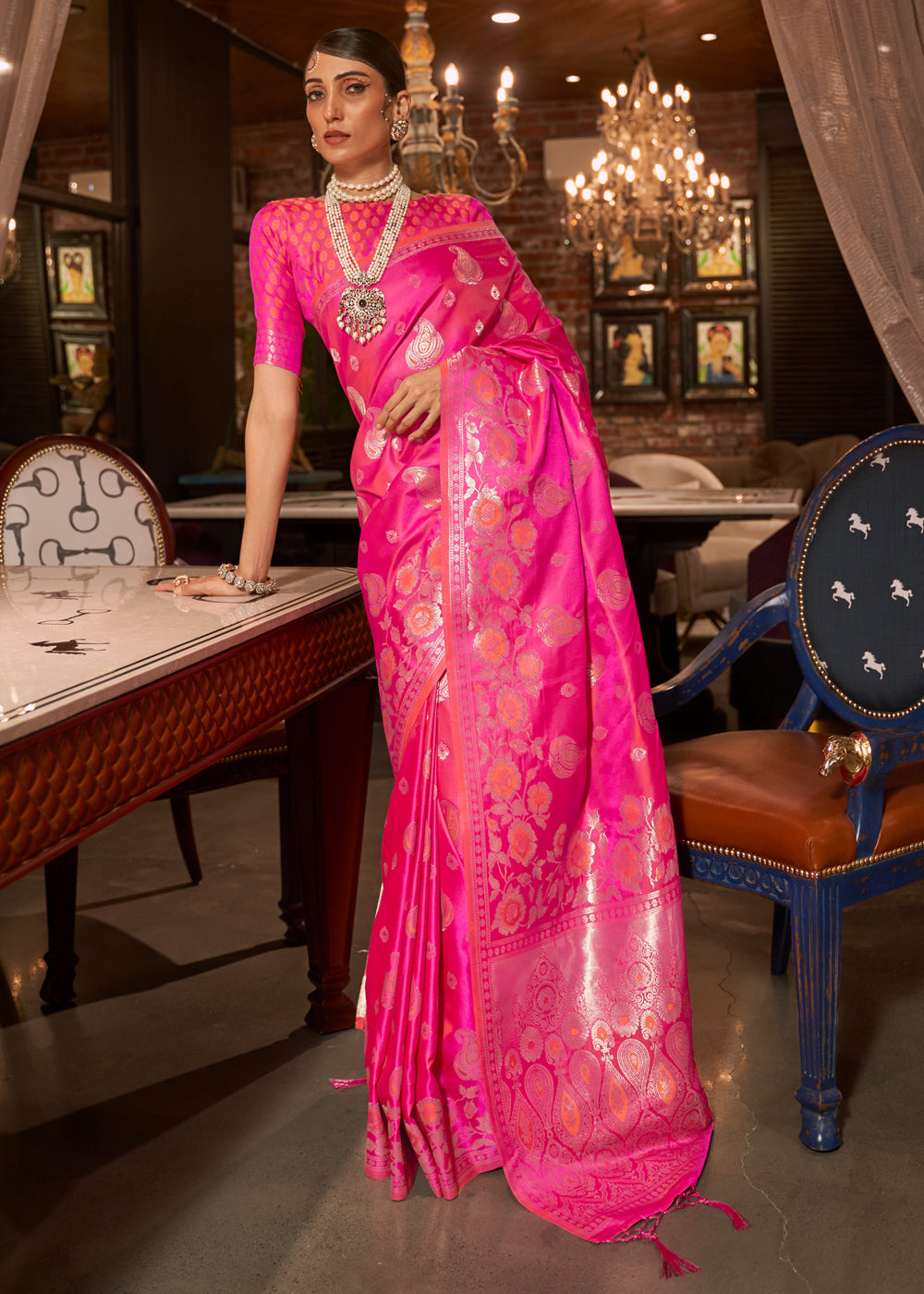 Wild Strawberry Pink Banarasi Woven Satin Silk Saree