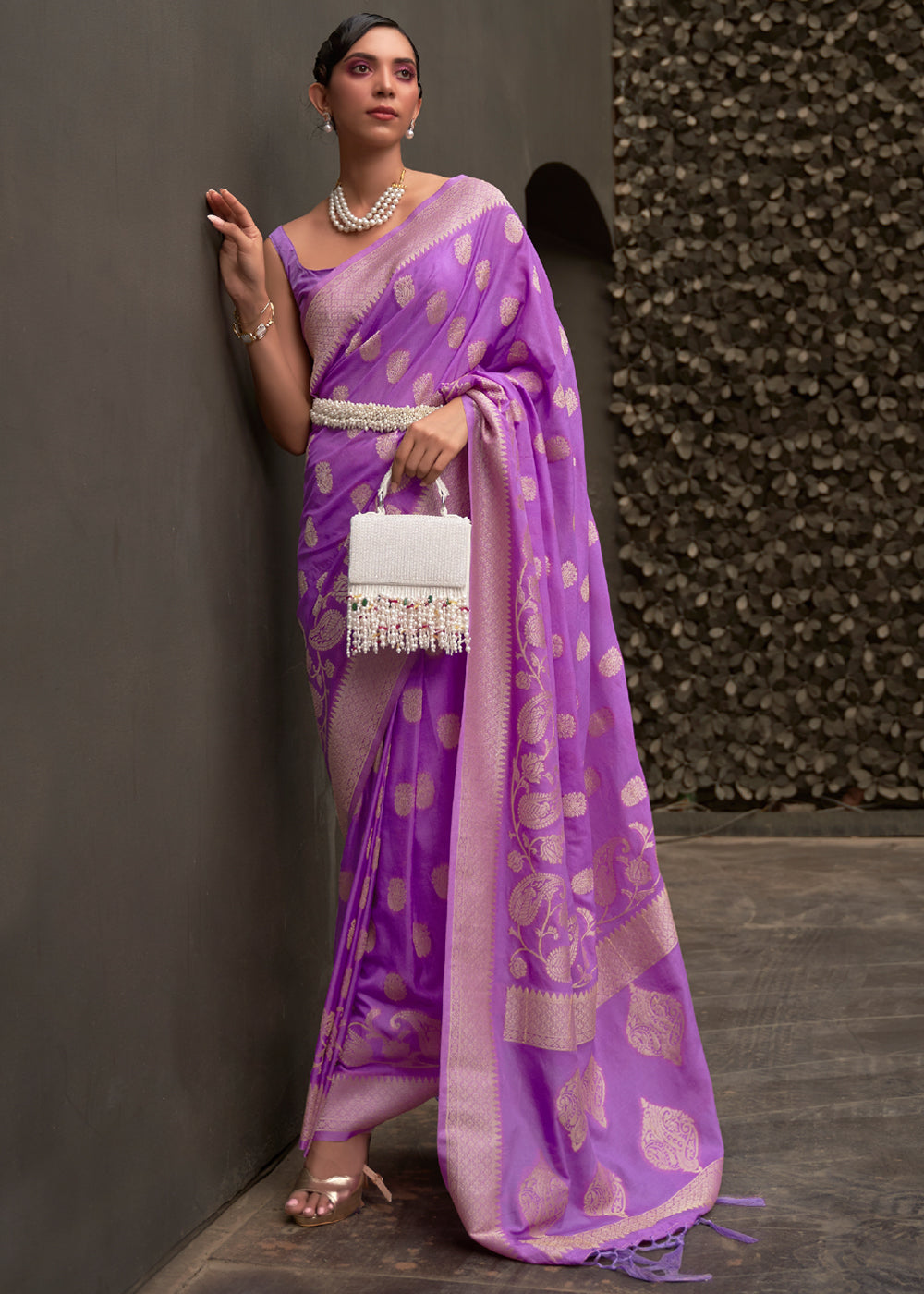 Purple Plum Woven Banarasi Chiffon Saree