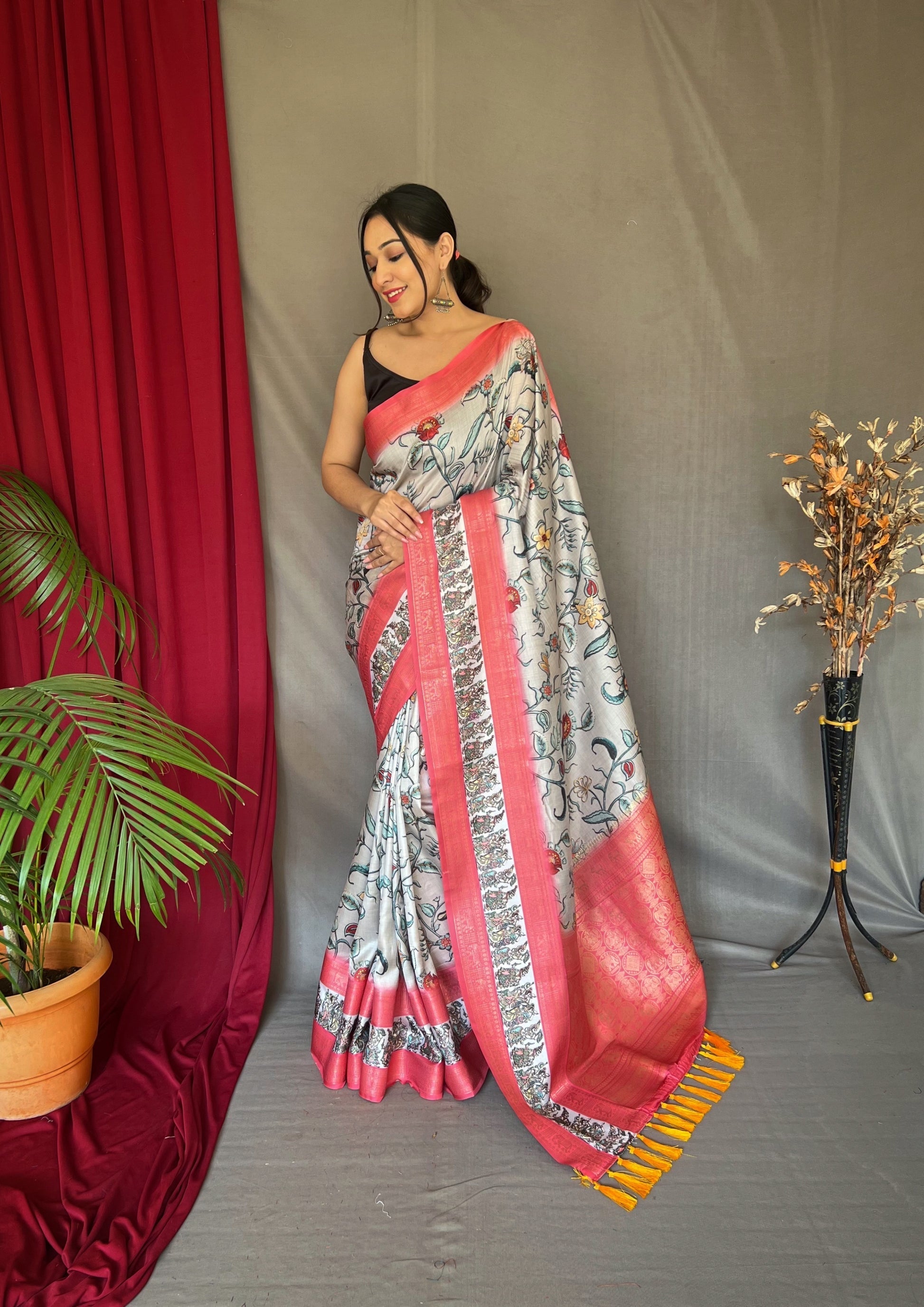 Linen White and Pink Banarasi Kalamkari Printed Silk Saree