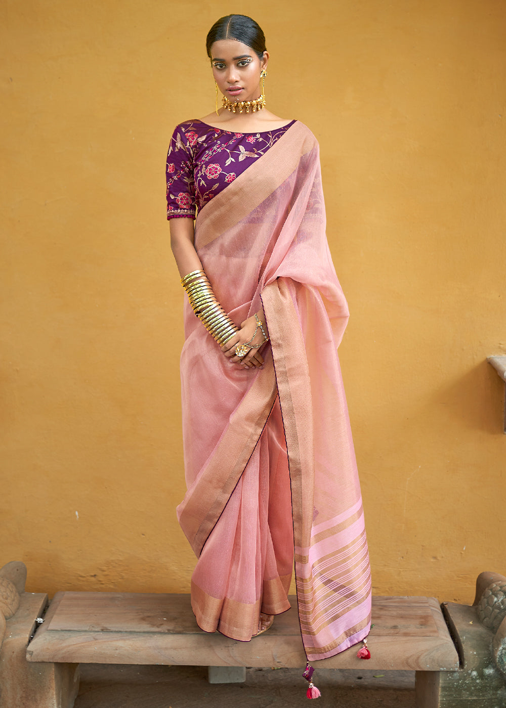 Oriental Pink Soft Tissue Organza Silk Saree