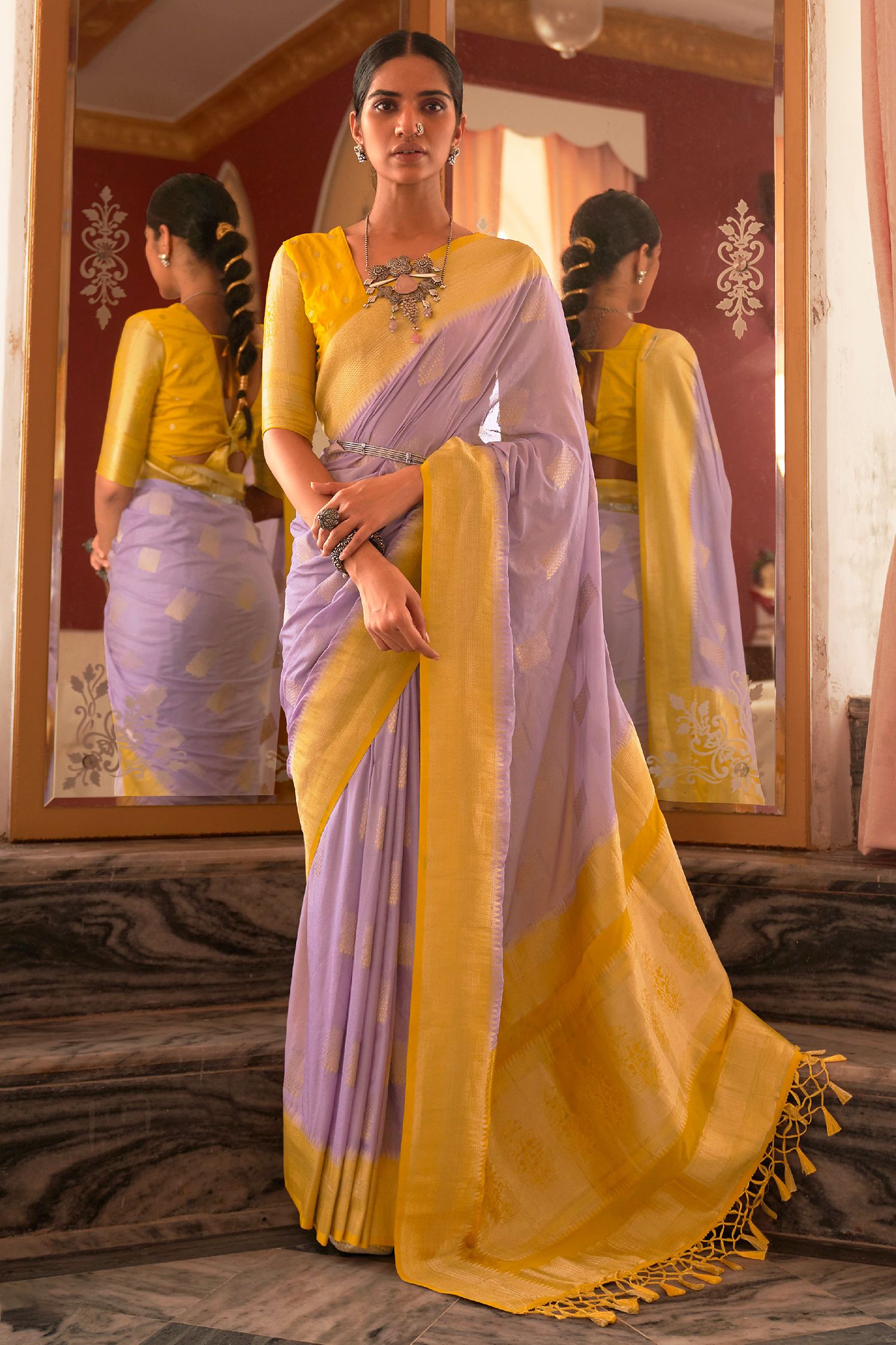 Brandy Rose Purple and Yellow Woven Banarasi Woven Silk Saree