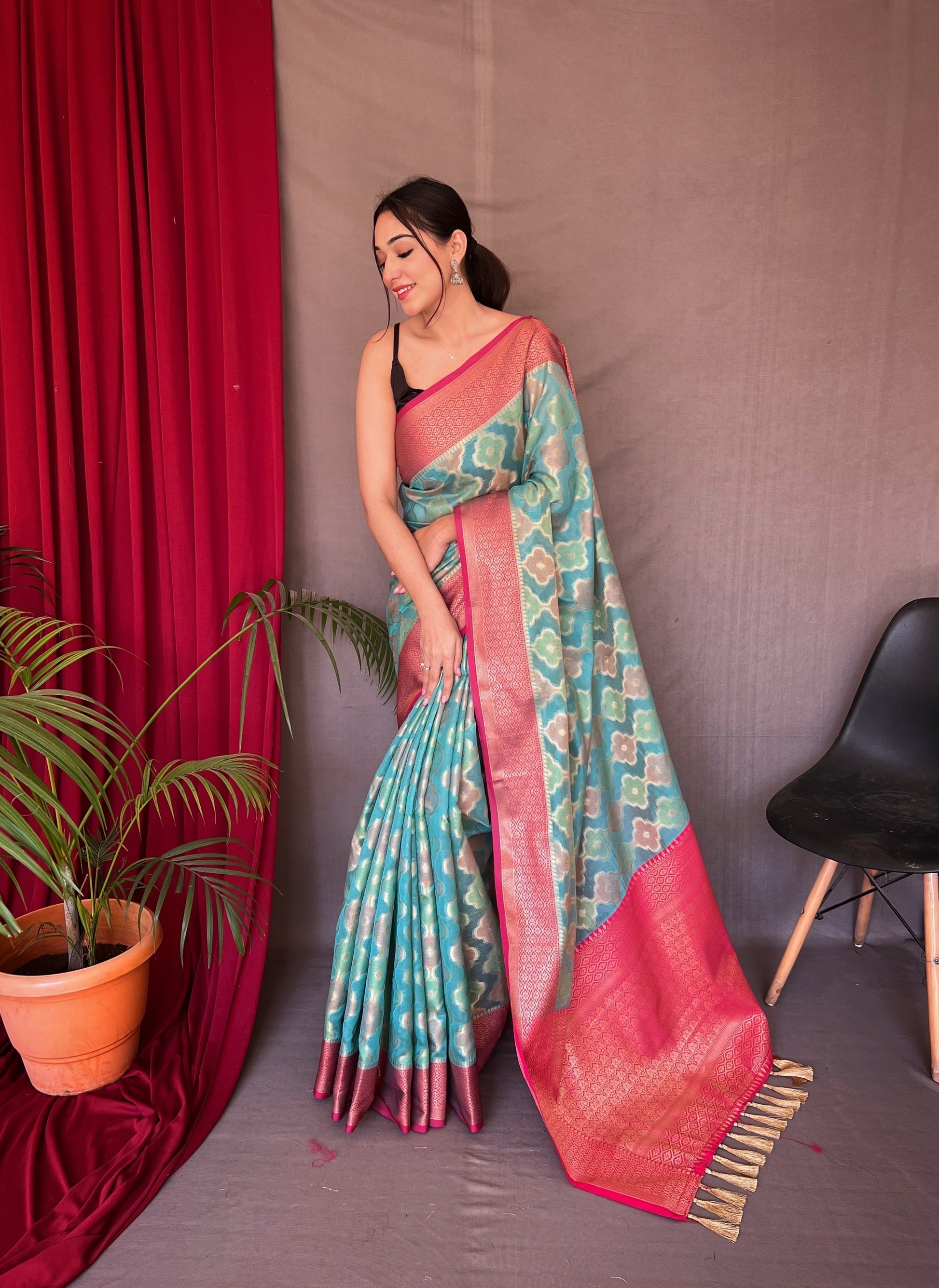 Glacier Blue Woven Organza Silk Saree