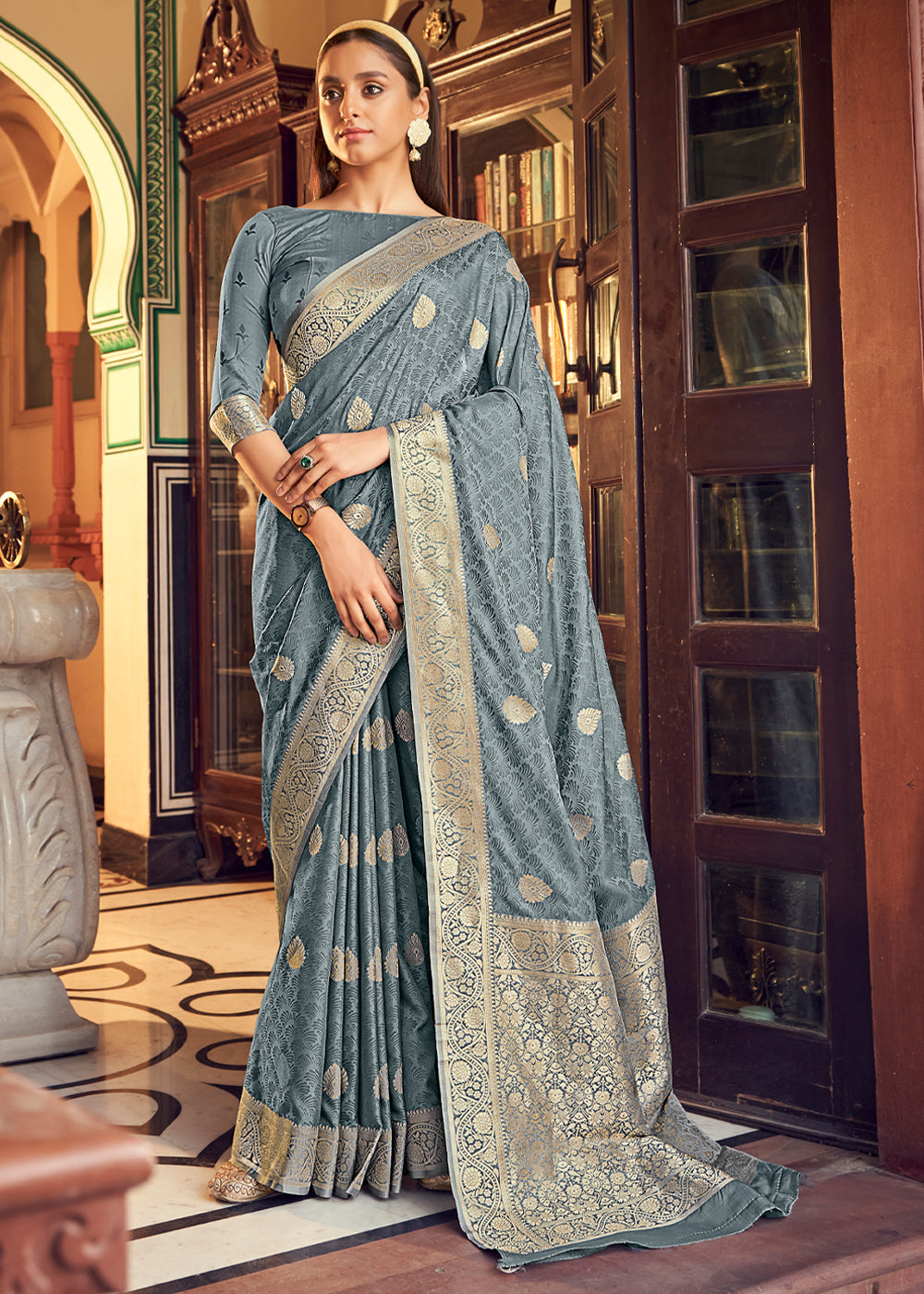 Oslo Grey Banarasi Woven Satin Silk Saree