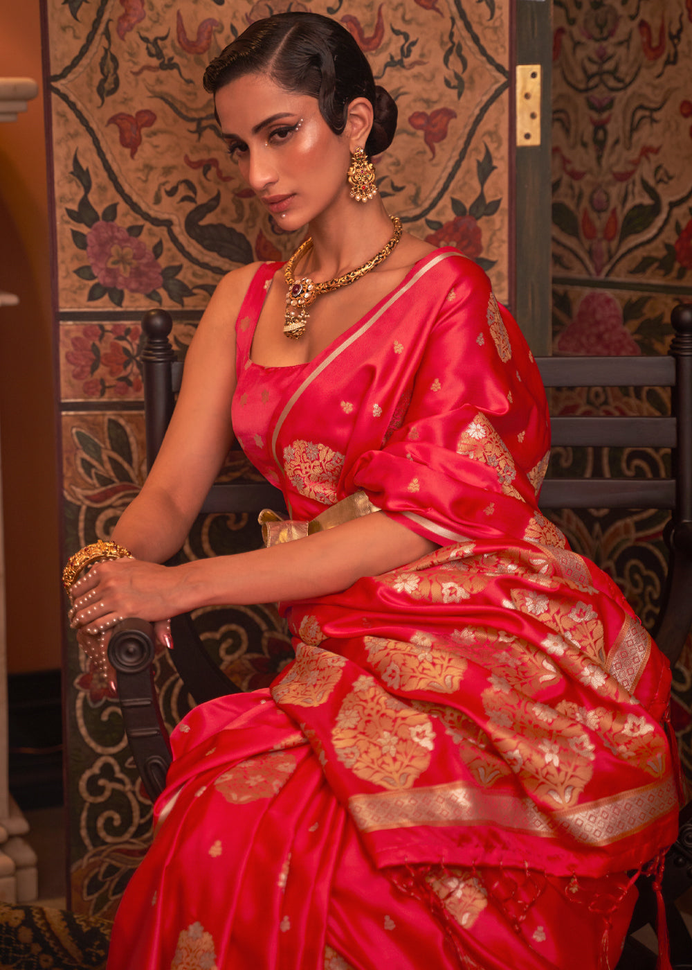 Scarlet Red Woven Satin Silk Saree