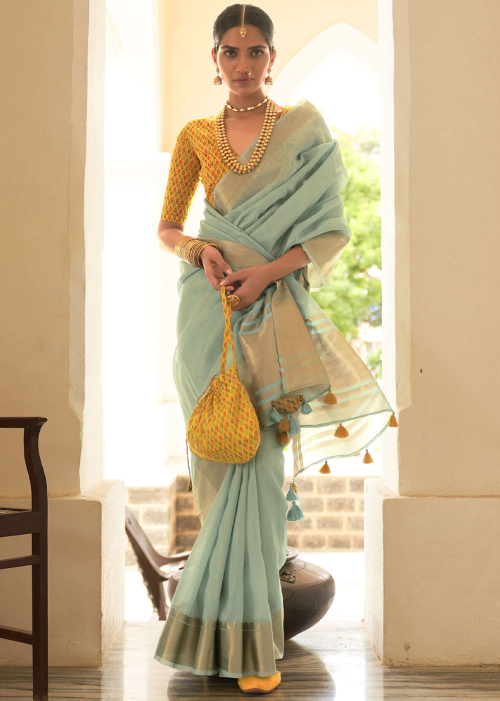 Locust Blue and Yellow Organza Silk Saree