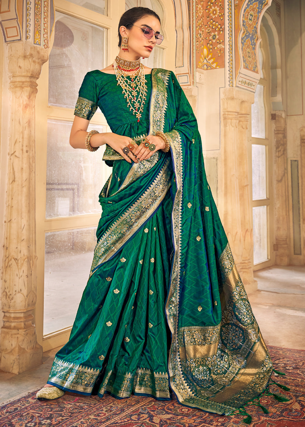 Aqua Deep Green Woven Banarasi Satin Silk Saree