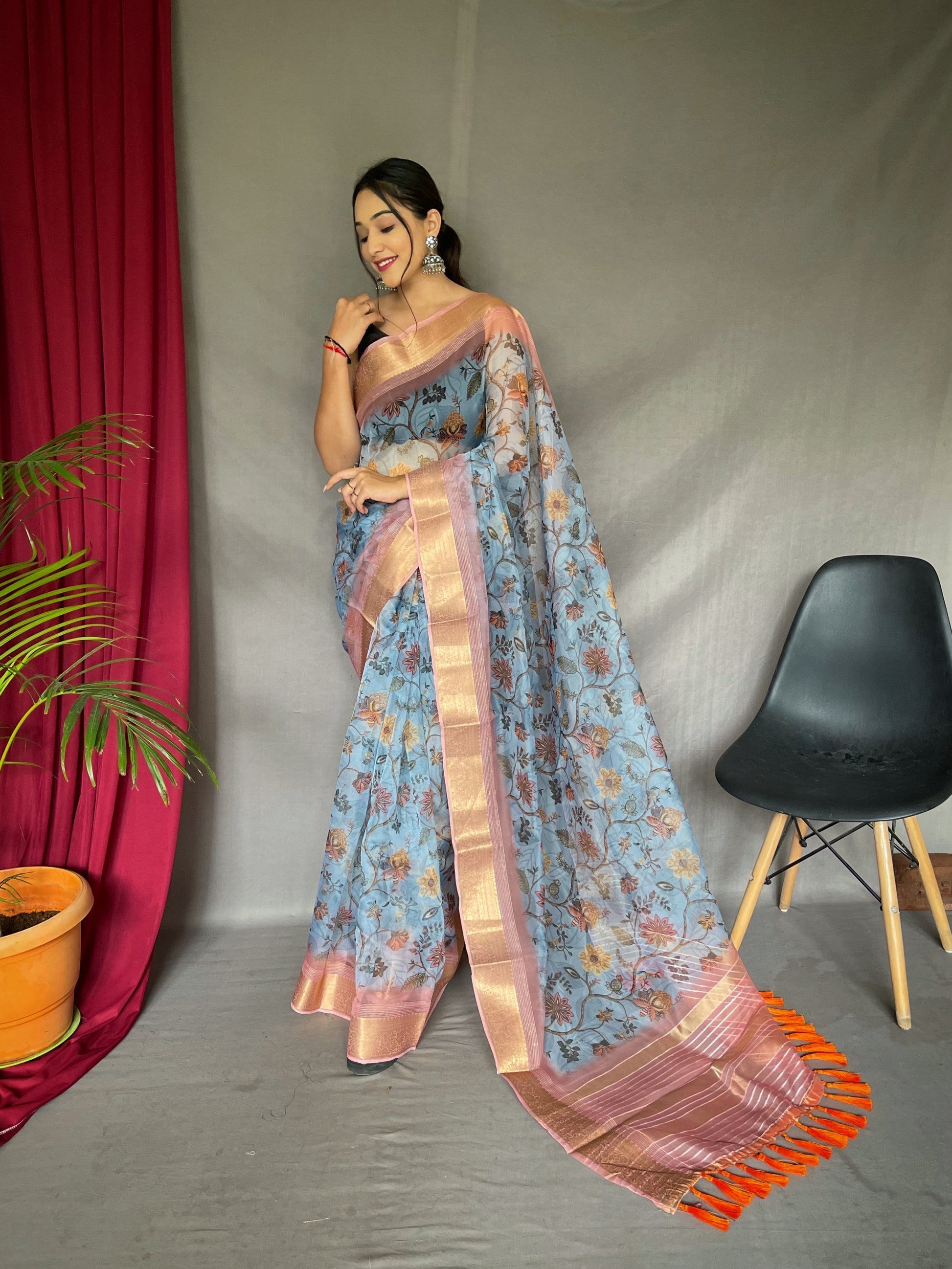 Bombay Blue Organza Floral Printed with Sequins Jacquard Woven Saree