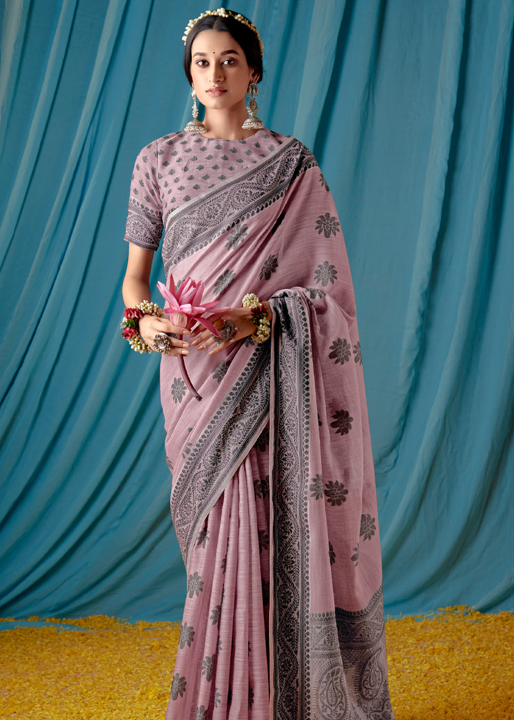 Blossom Pink Woven Banarasi Linen Silk Saree