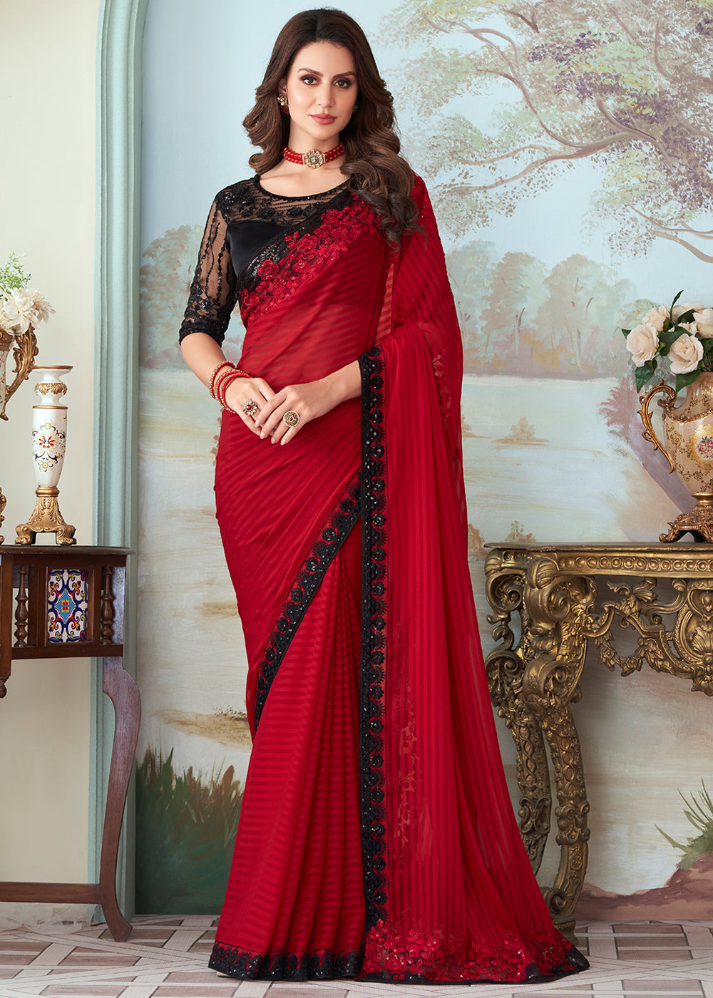 Cherry Red Designer Embroidered Satin Silk Saree