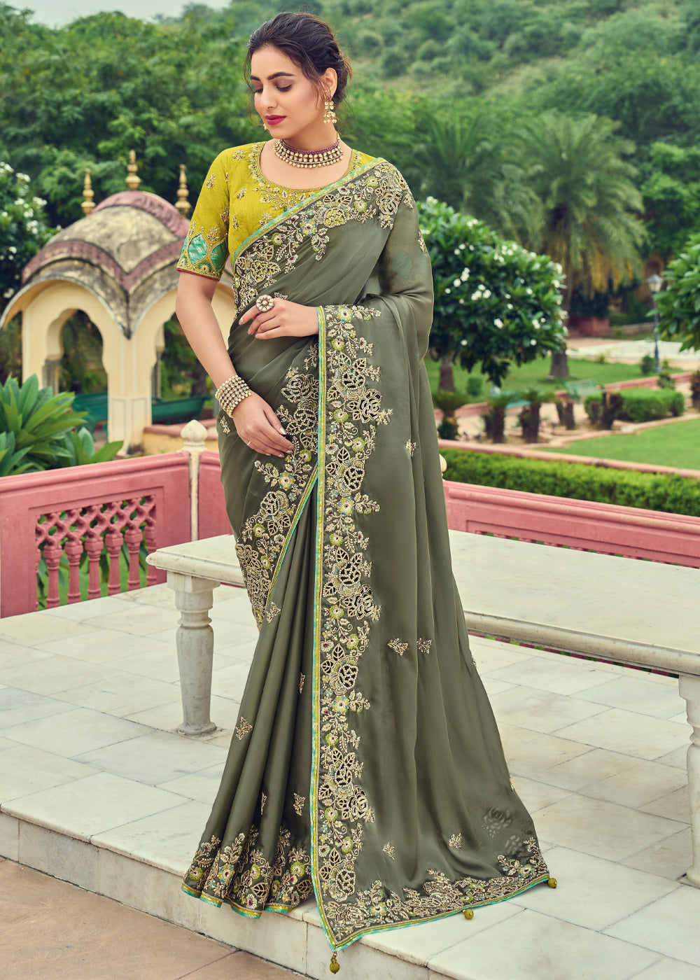 Limed Ash Green Designer Embroidered Satin Silk Saree