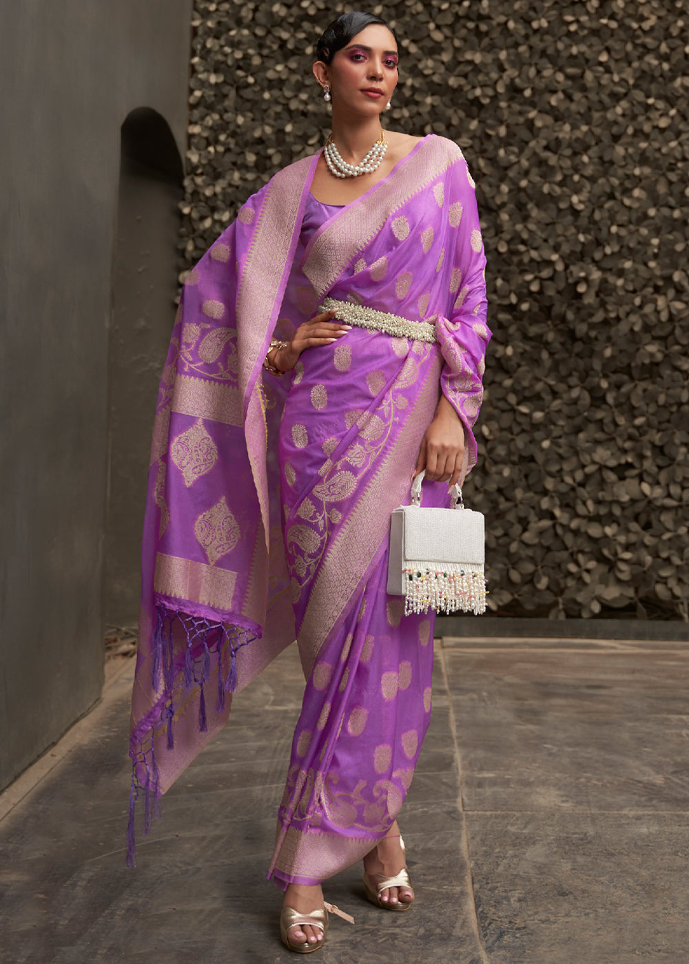 Purple Plum Woven Banarasi Chiffon Saree