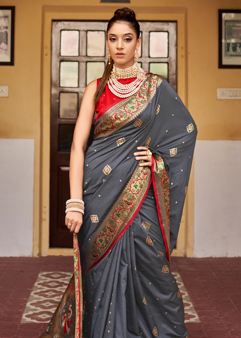 Abbey Grey Banarasi Woven Soft Silk Saree