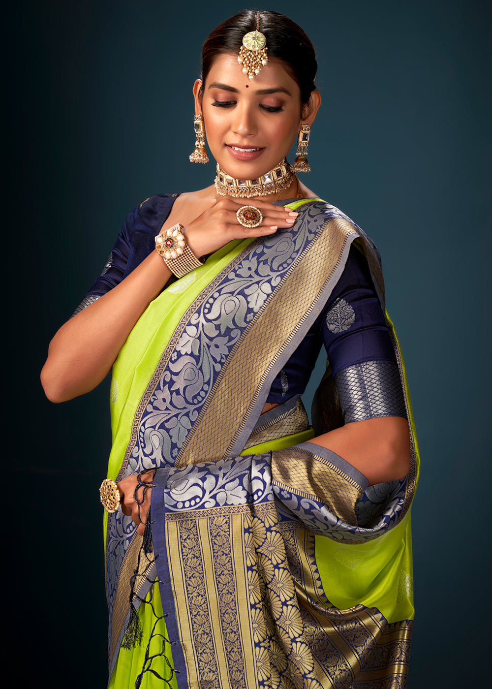 Atlantis Green and Blue Woven Banarasi Silk Saree