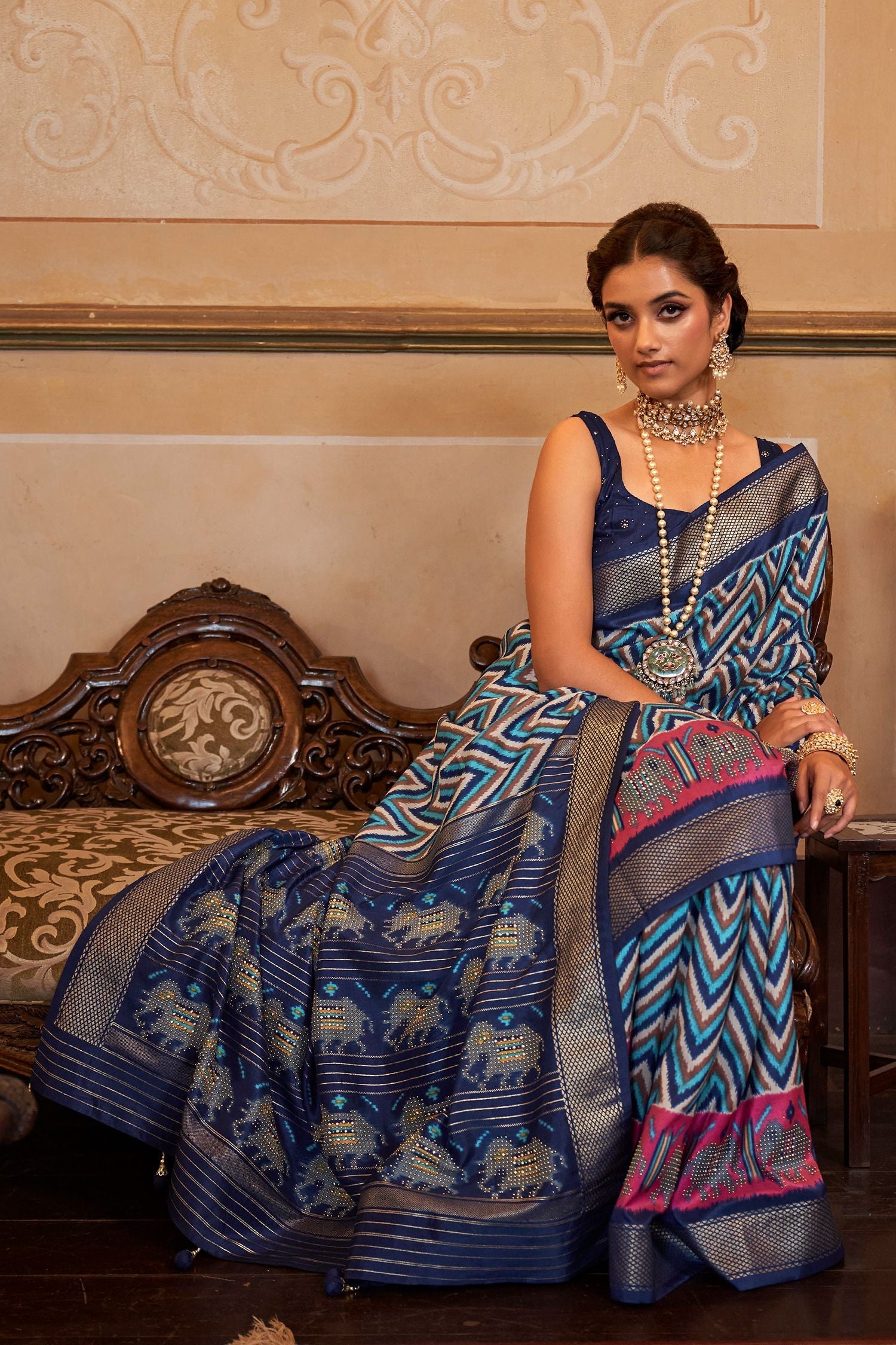 East Bay Blue Printed Patola Silk Saree