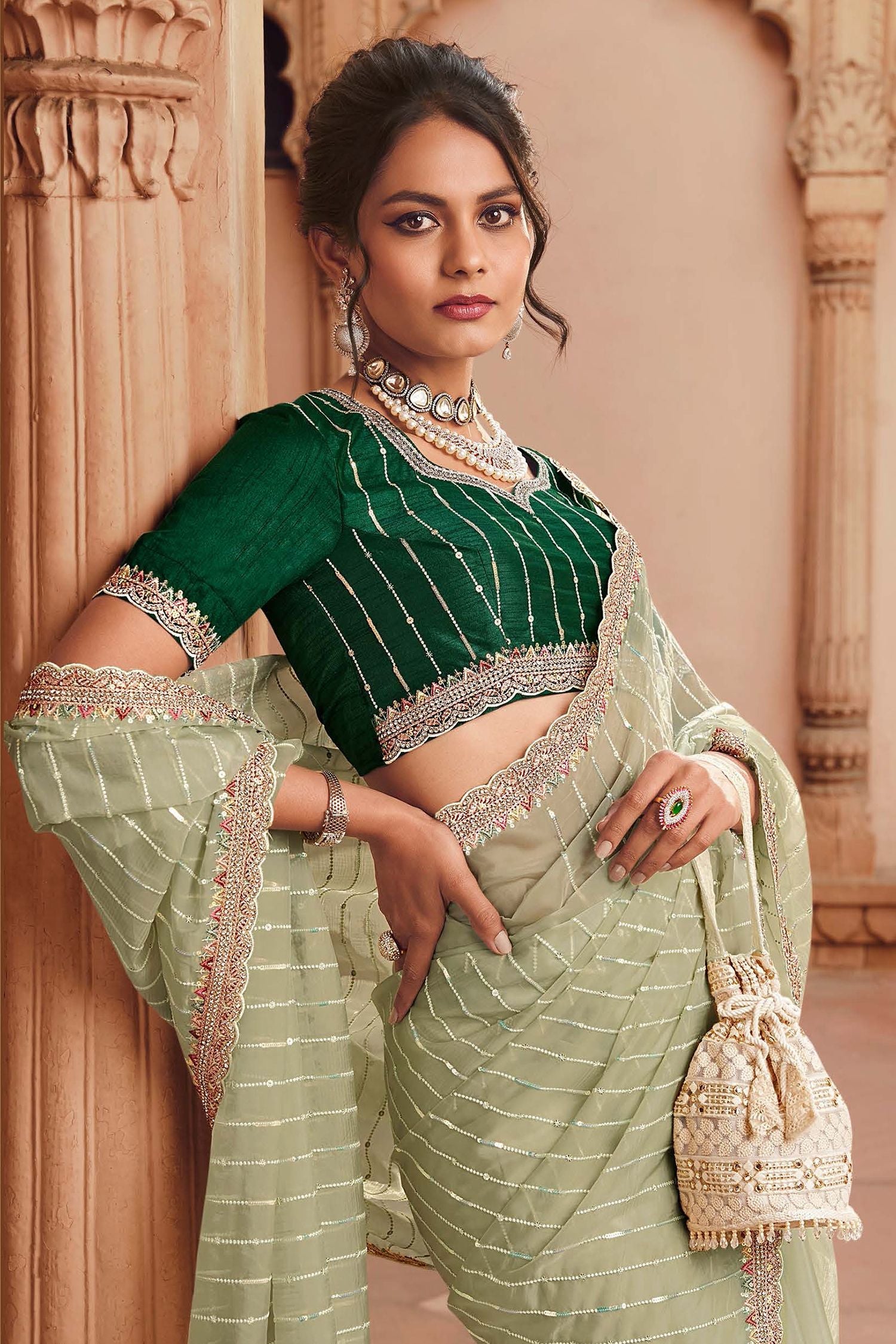 Hillary Green Organza Silk with Embroidered Designer Saree