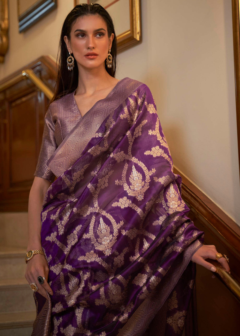 Finn Purple Woven Organza Banarasi Silk Saree