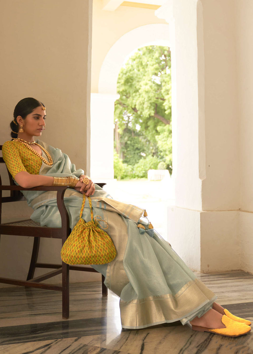 Locust Blue and Yellow Organza Silk Saree