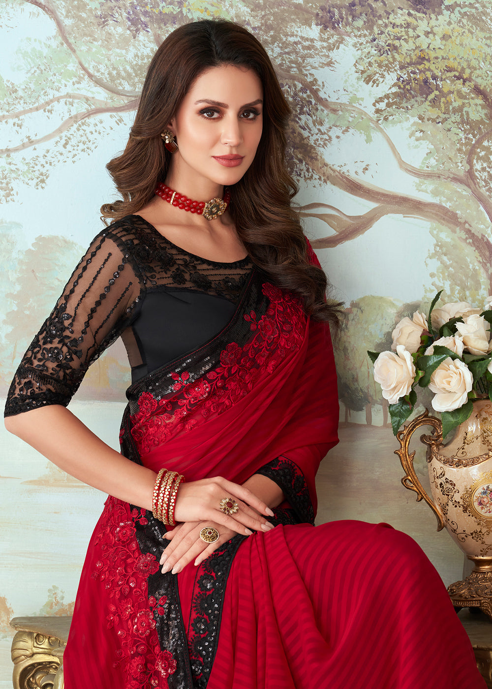 Cherry Red Designer Embroidered Satin Silk Saree