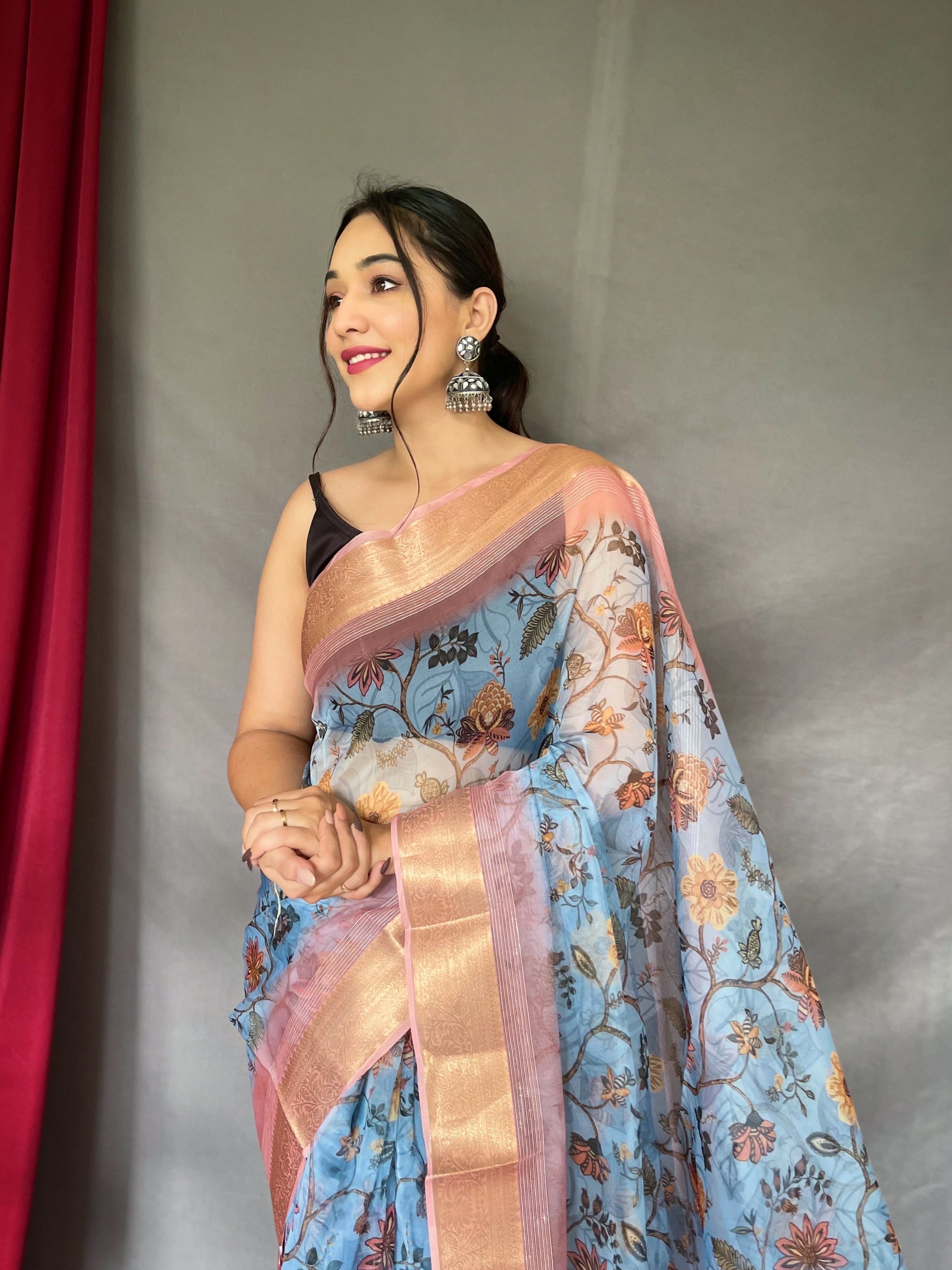 Bombay Blue Organza Floral Printed with Sequins Jacquard Woven Saree