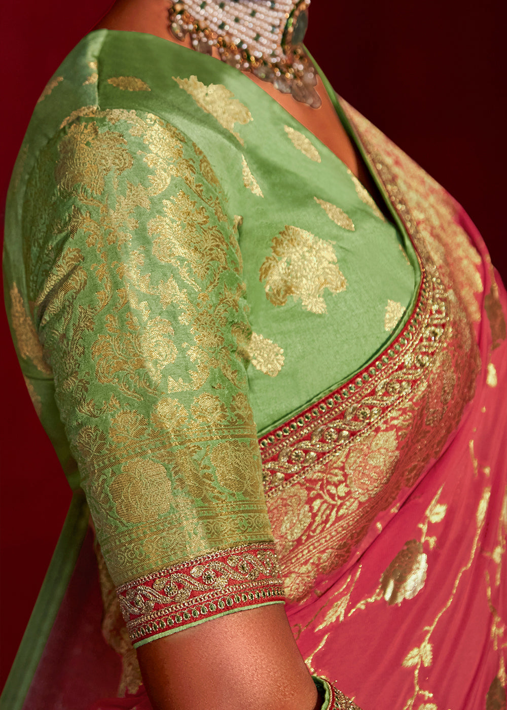 Wild Watermelon Pink Woven Banarasi Georgette Silk Saree