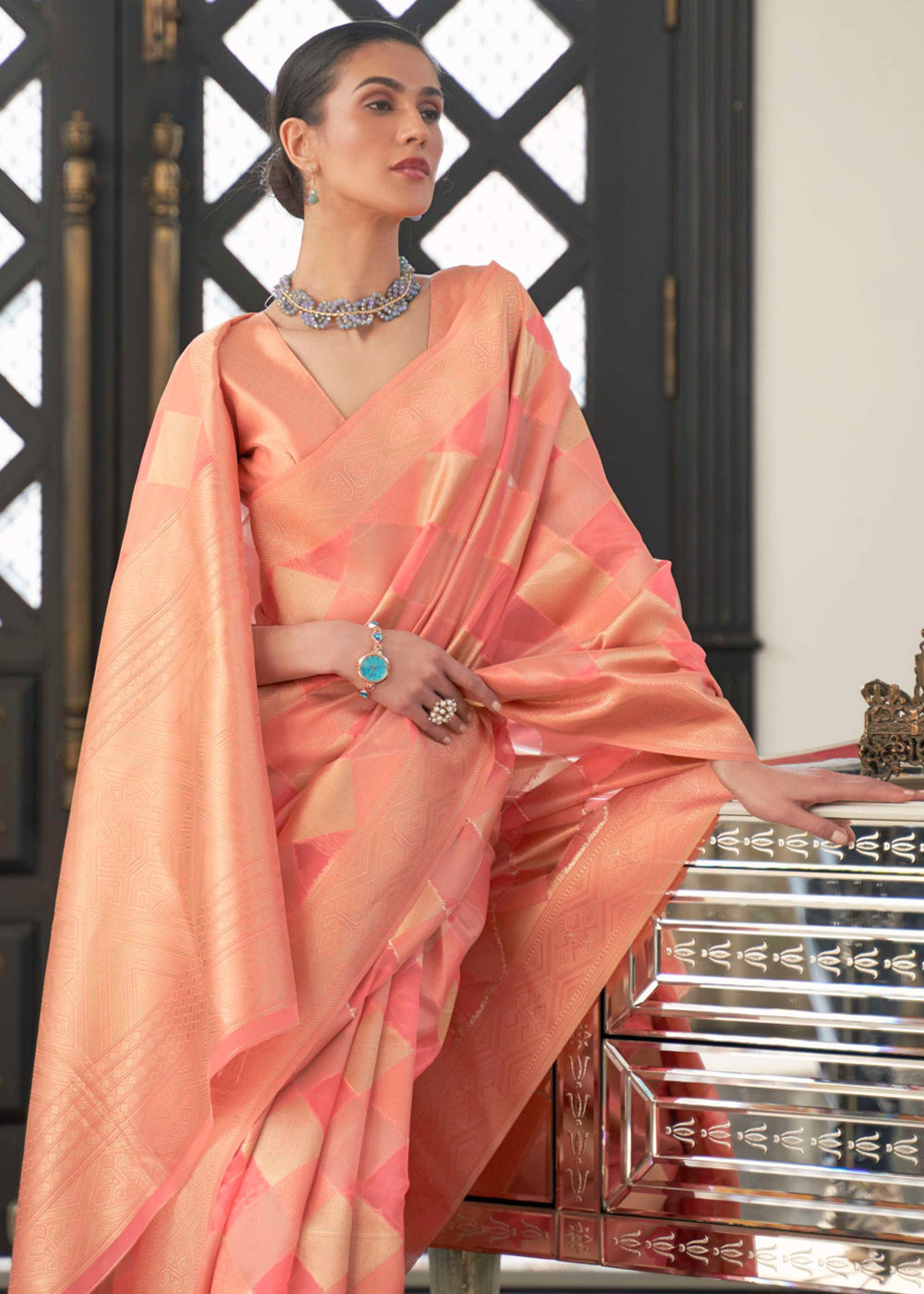 Bittersweet Peach Woven Organza Banarasi Silk Saree