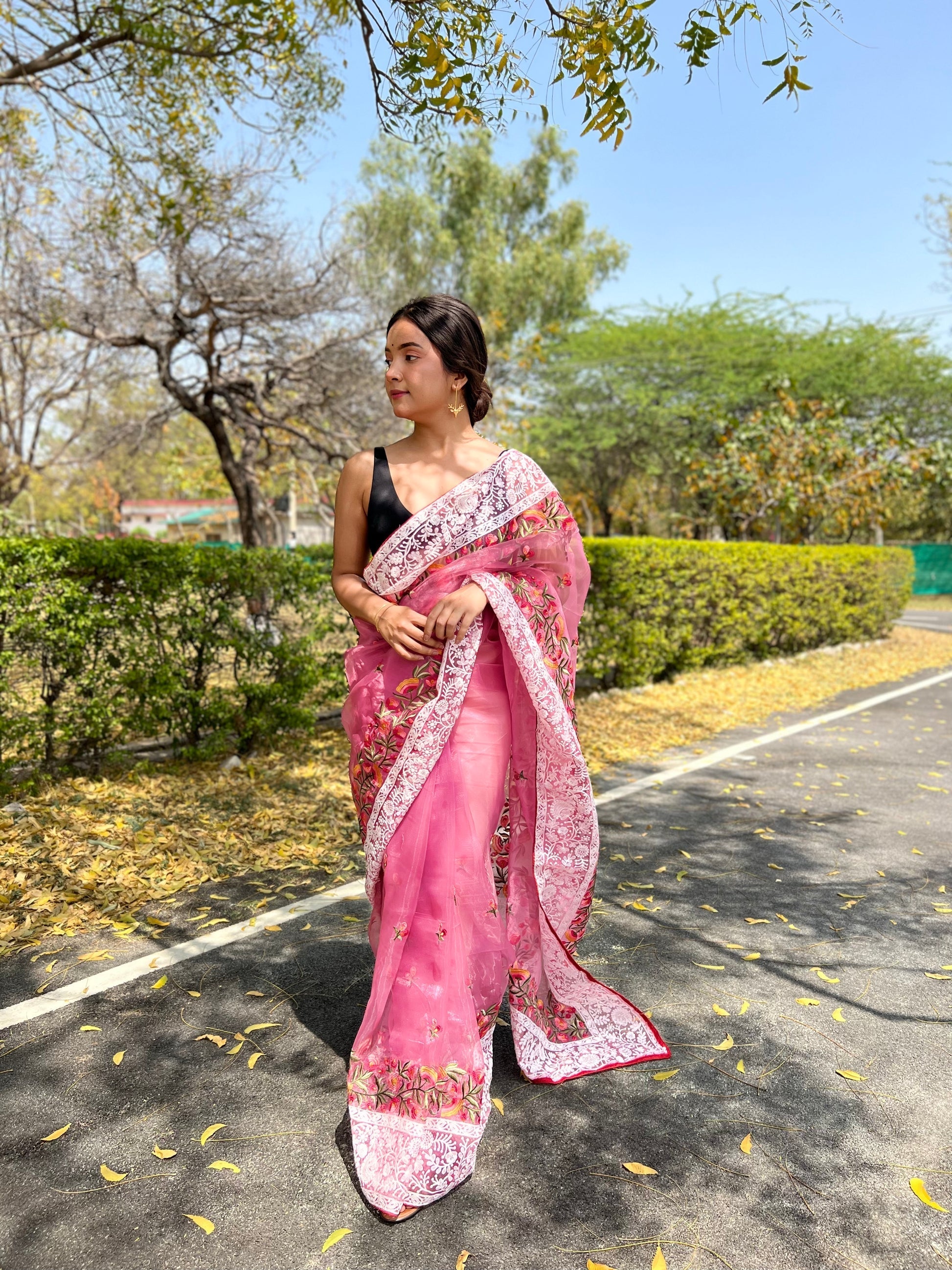 Baby Pink Lucknowi Chikankari Organza Silk Saree