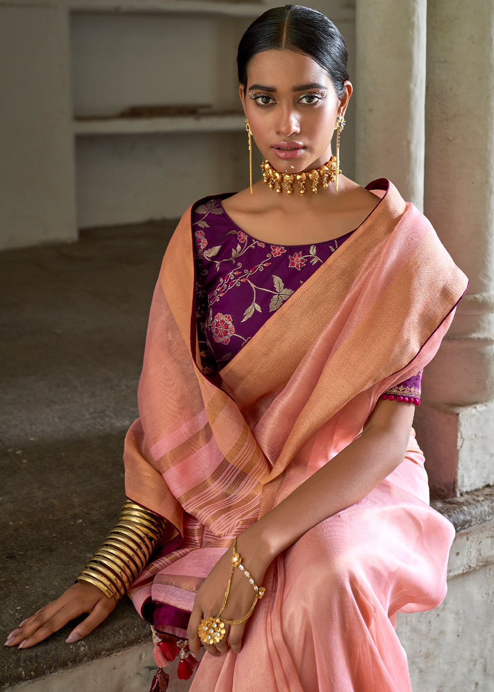 Oriental Pink Soft Tissue Organza Silk Saree