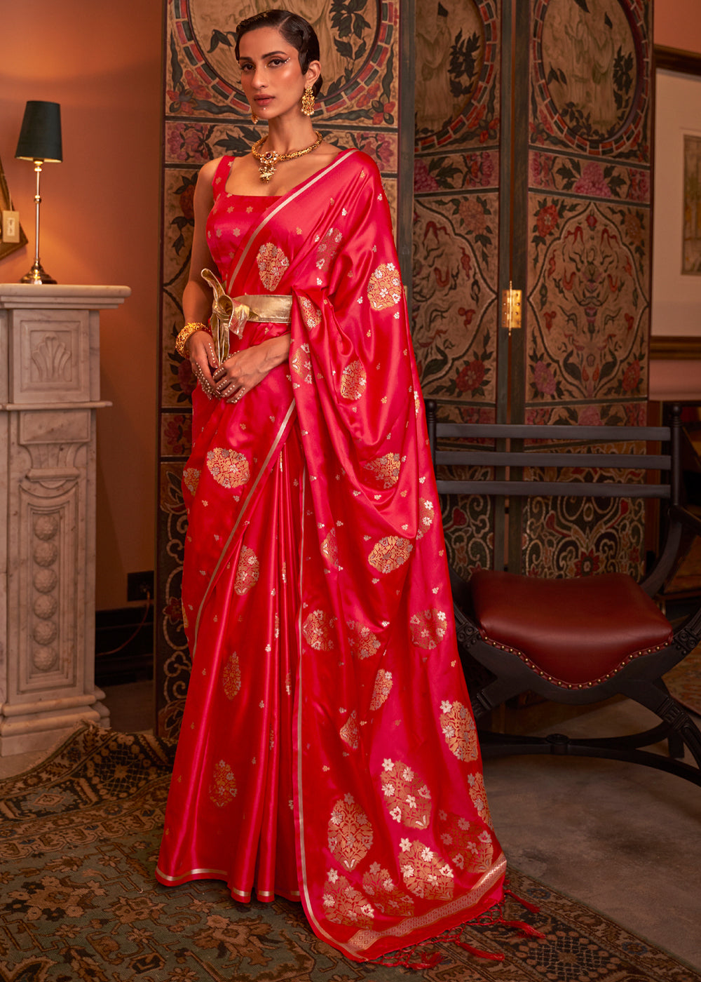 Scarlet Red Woven Satin Silk Saree