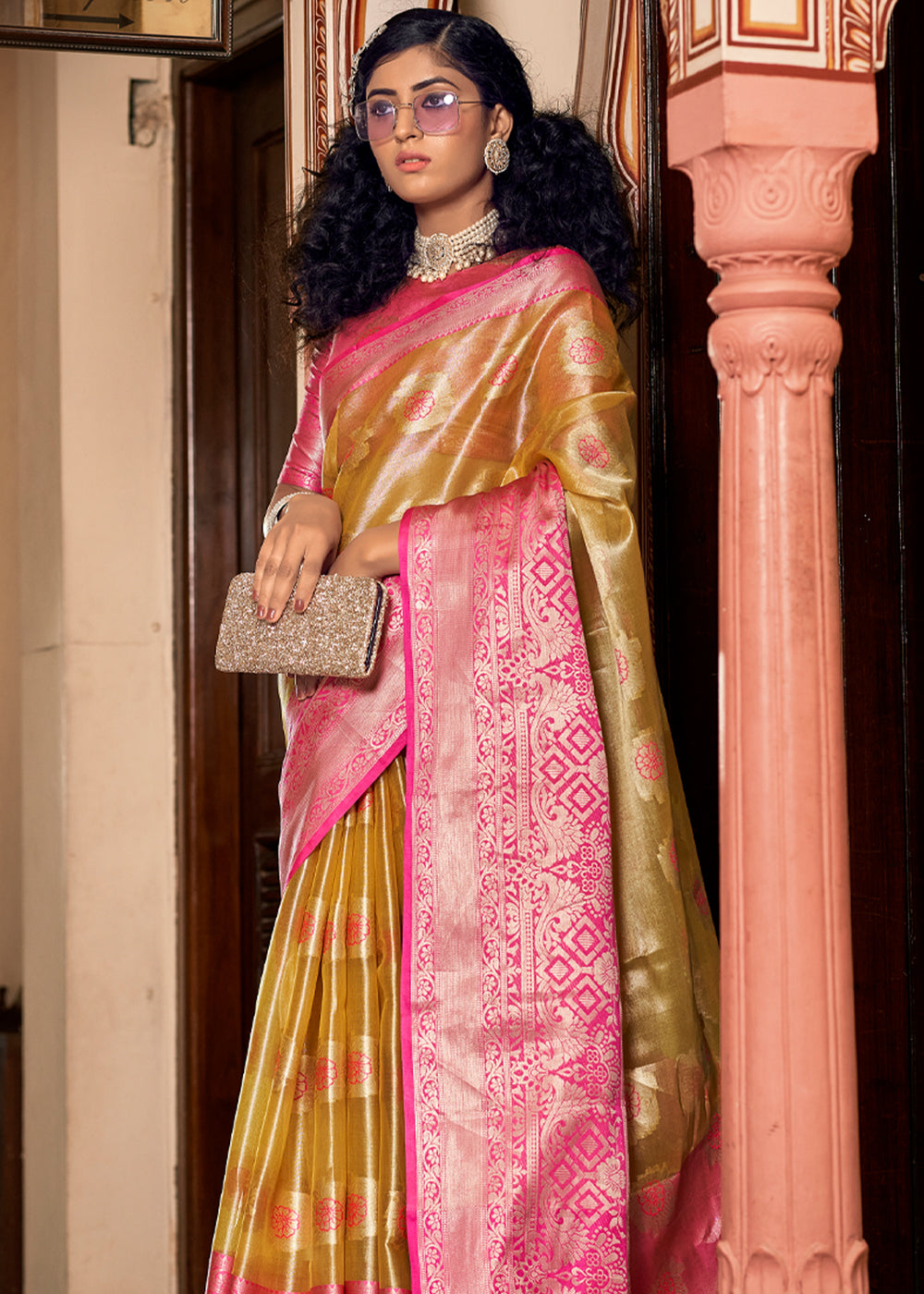 Tussock Golden and Pink Woven Banarasi Organza Silk Saree