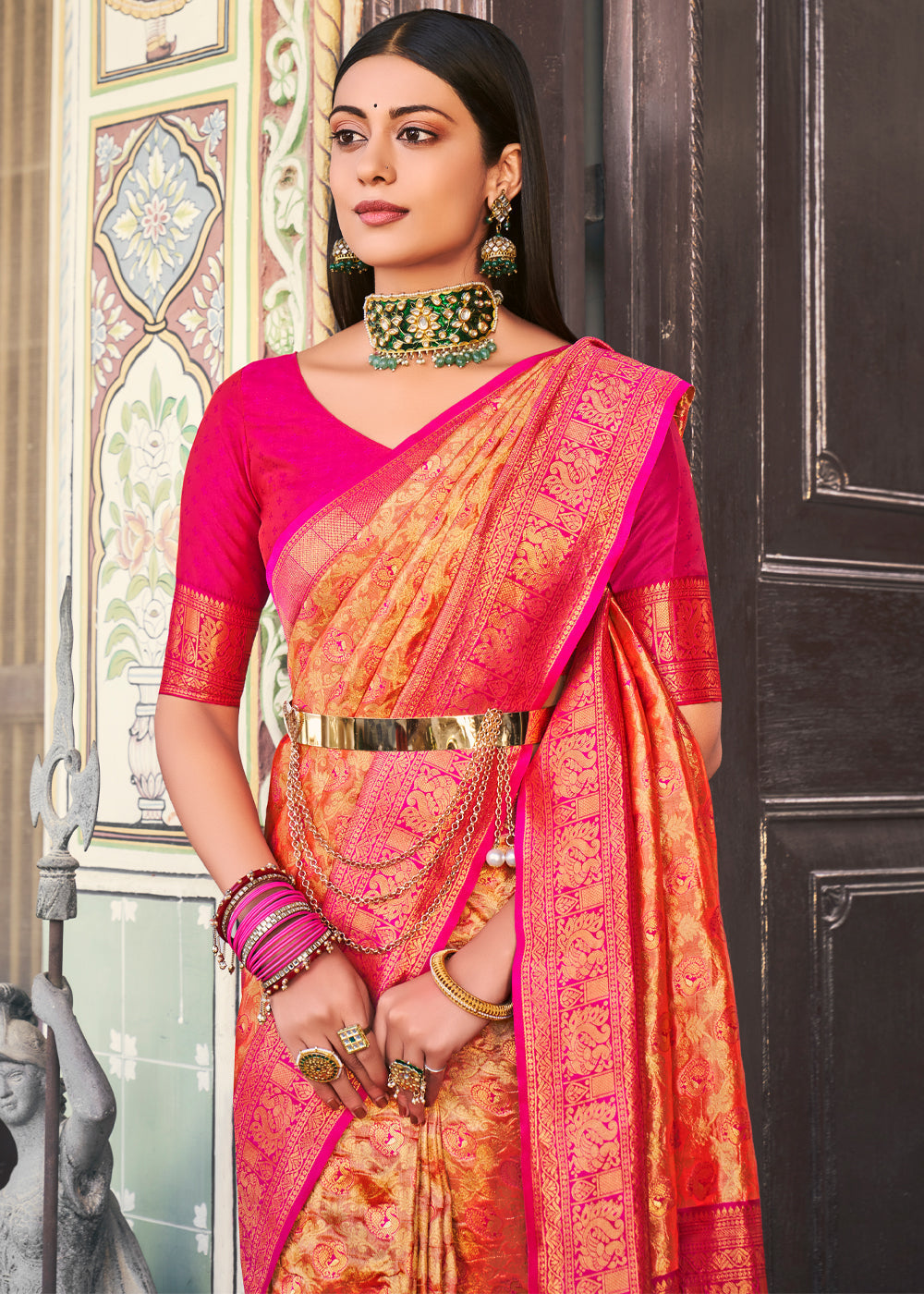 Tan Orange and Pink Woven Kanjivaram Silk Saree