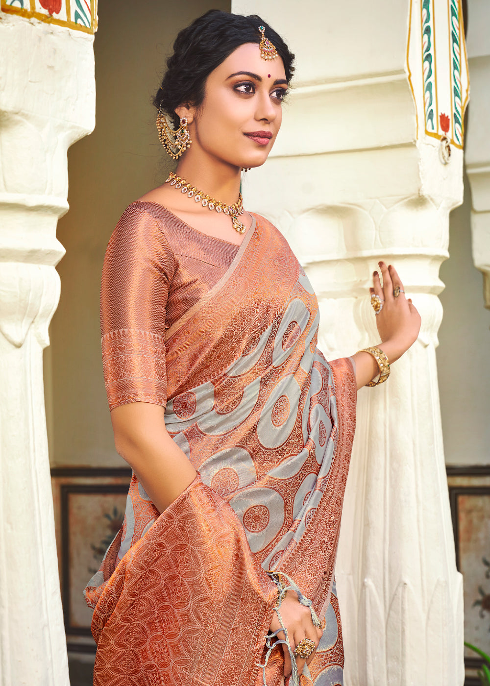 Silver Rust Grey Woven Banarasi Organza Silk Saree