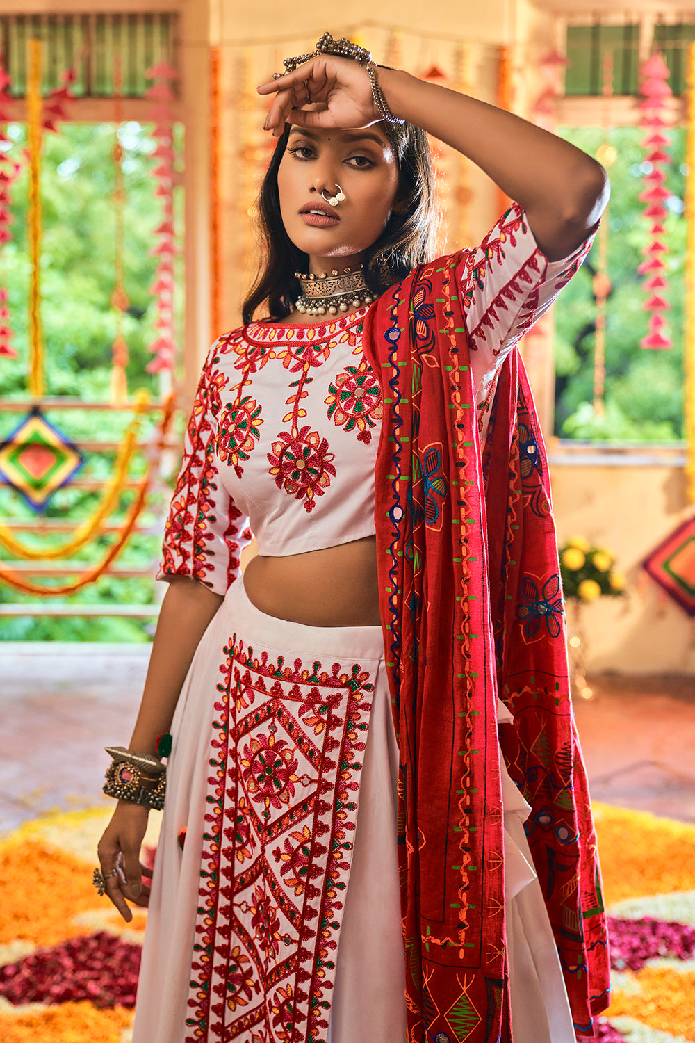 Roman Red White Lehenga Choli