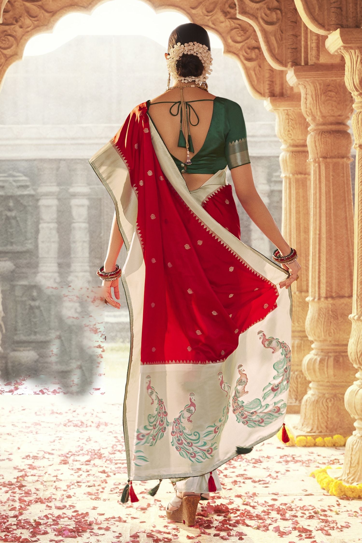 Amaranth Red Designer Banarasi Satin Silk Saree