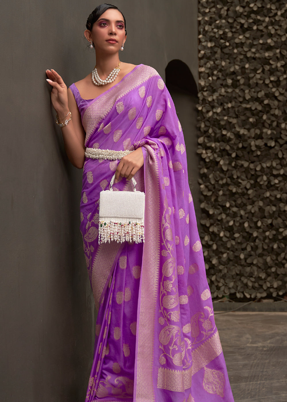 Purple Plum Woven Banarasi Chiffon Saree