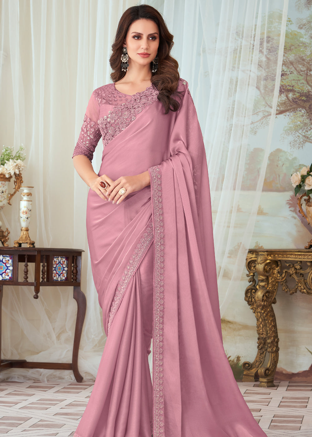 Old Rose Pink Woven Satin Silk Saree