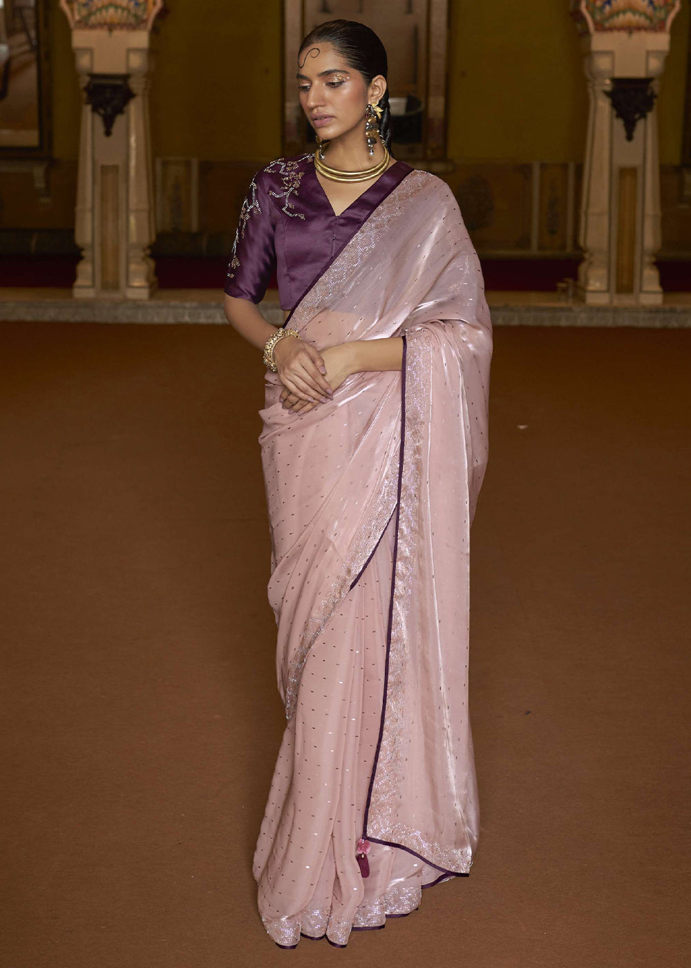 Rose Fog Pink Organza Woven Silk Saree