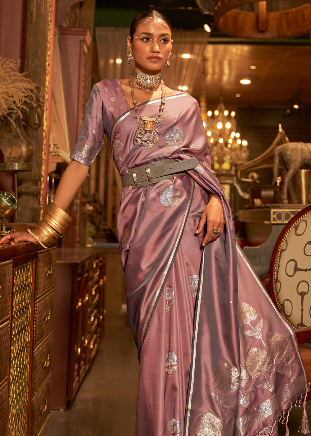 Old Rose Purple Woven Banarasi Satin Silk Saree