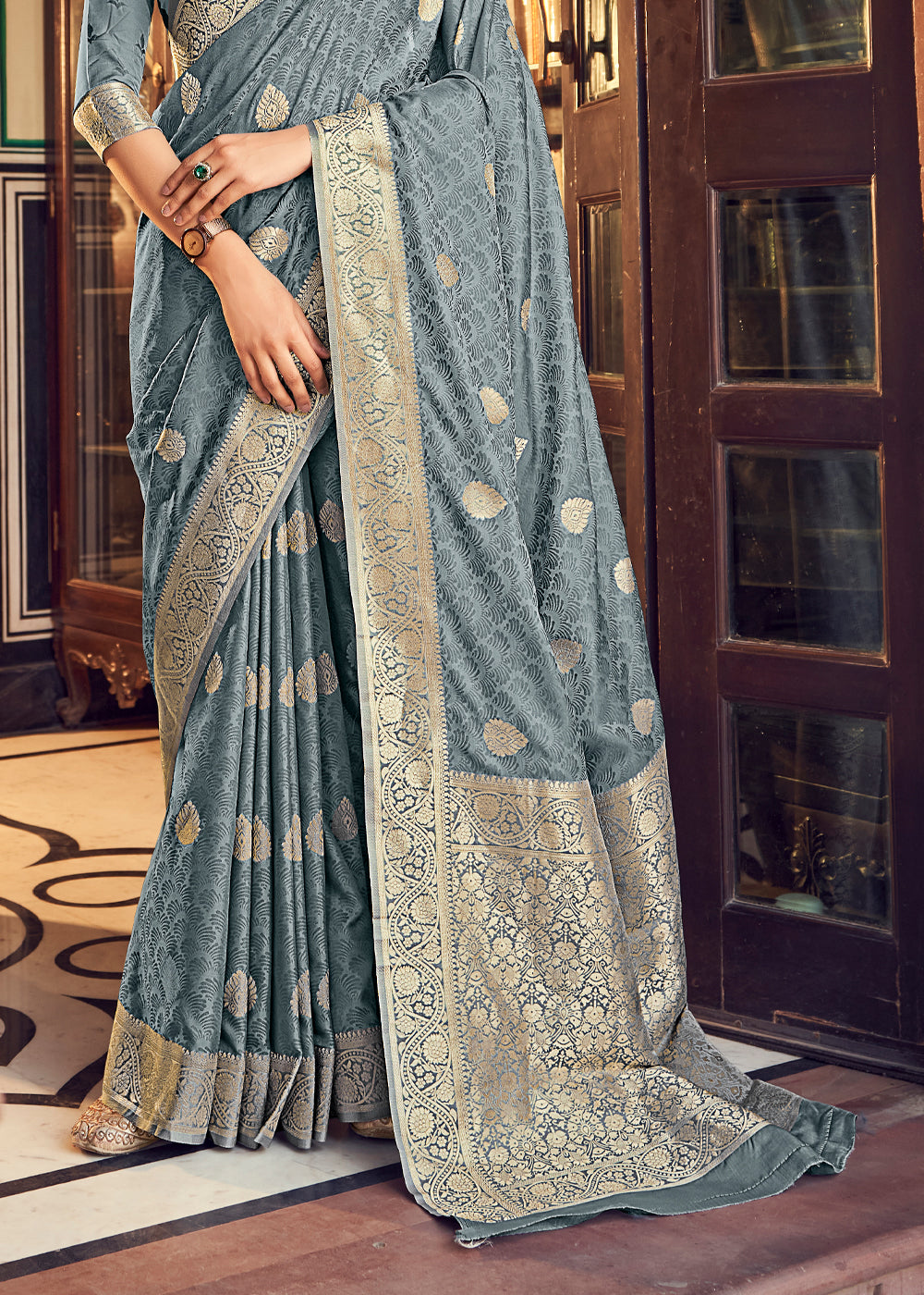 Oslo Grey Banarasi Woven Satin Silk Saree