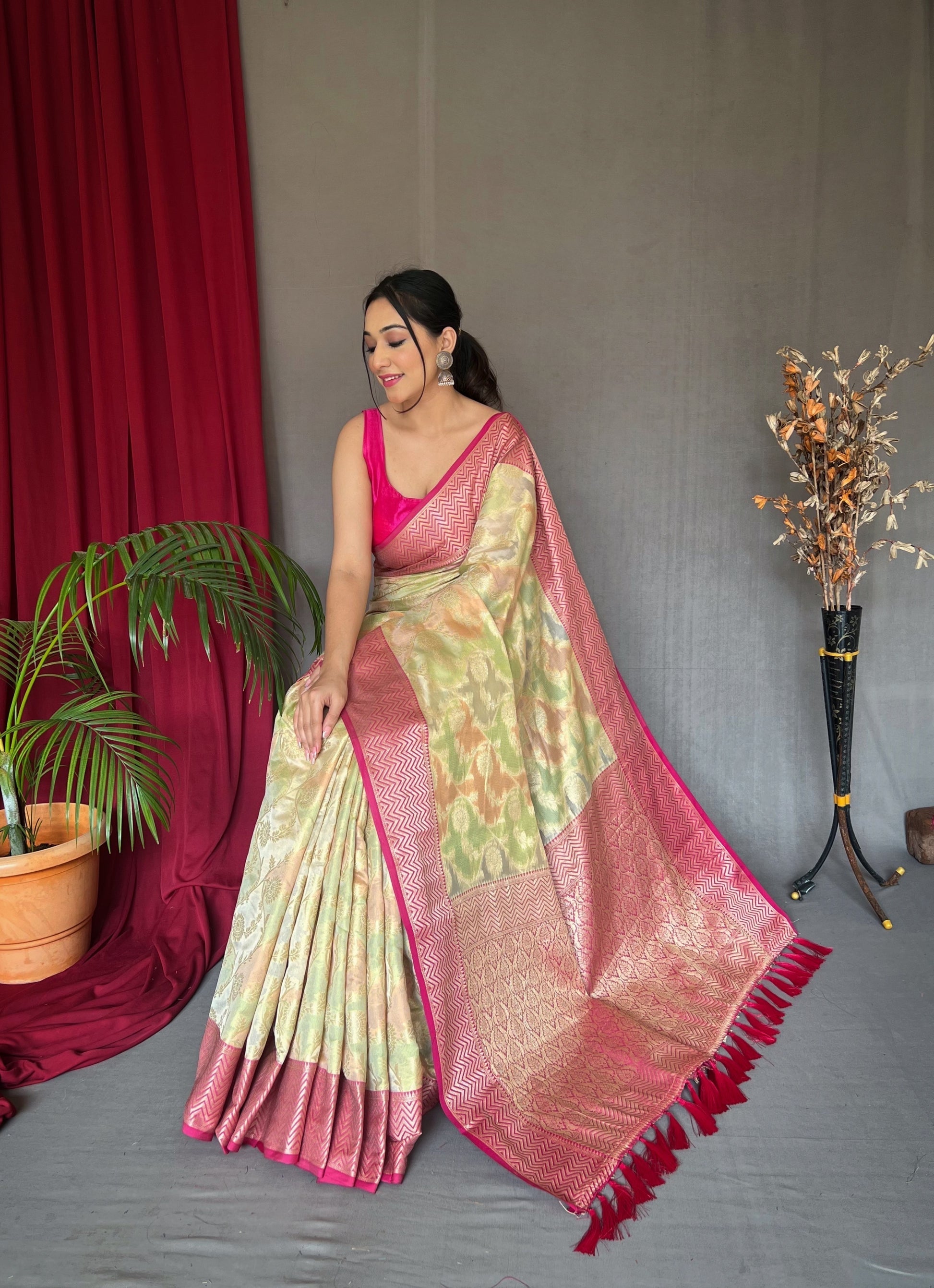 Straw Yellow Woven Organza Silk Saree