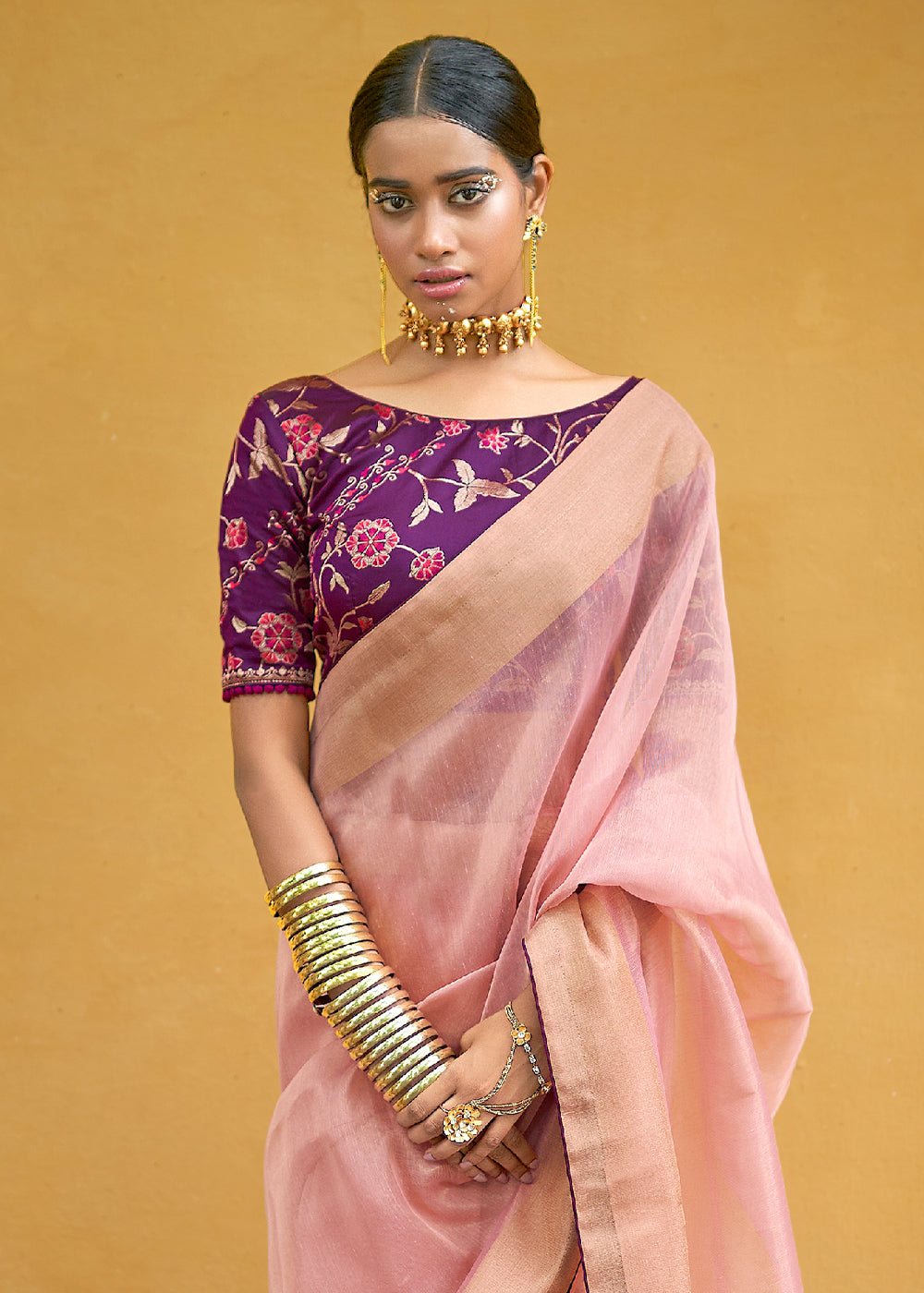 Oriental Pink Soft Tissue Organza Silk Saree