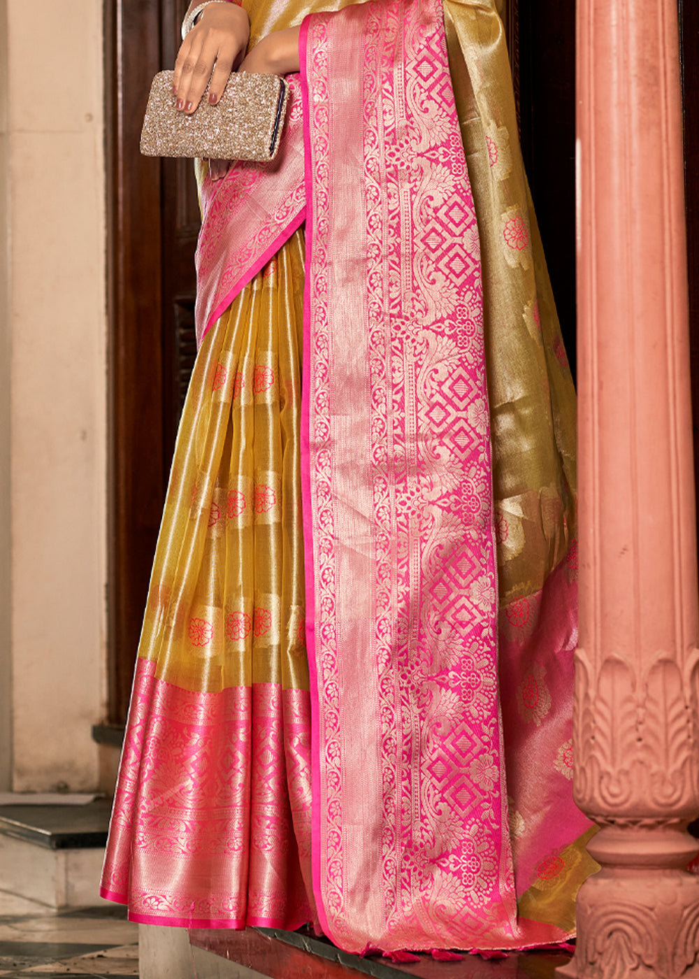 Tussock Golden and Pink Woven Banarasi Organza Silk Saree