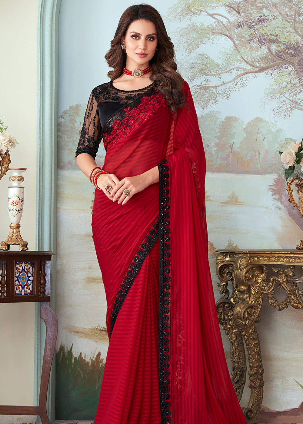 Cherry Red Designer Embroidered Satin Silk Saree