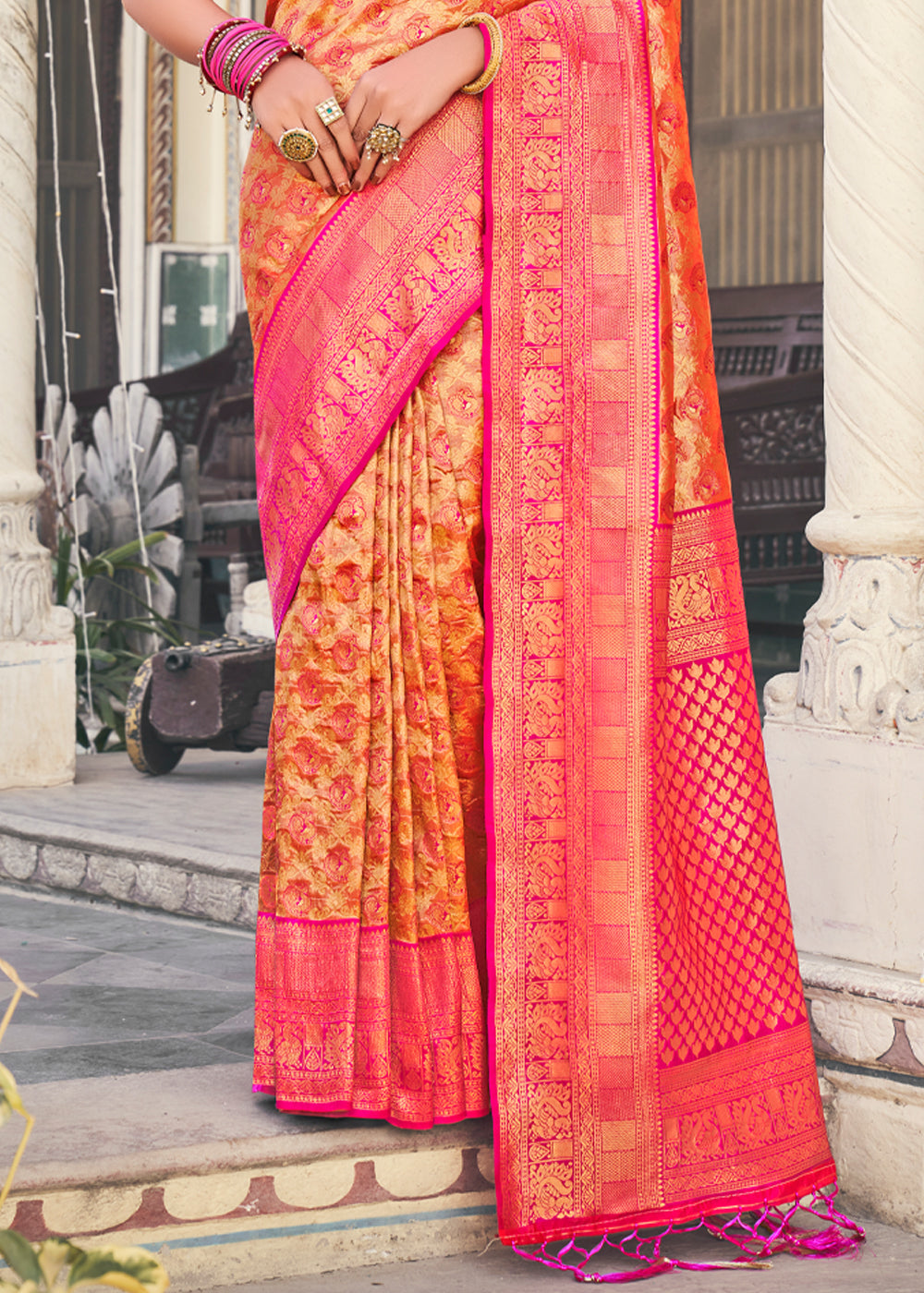 Tan Orange and Pink Woven Kanjivaram Silk Saree