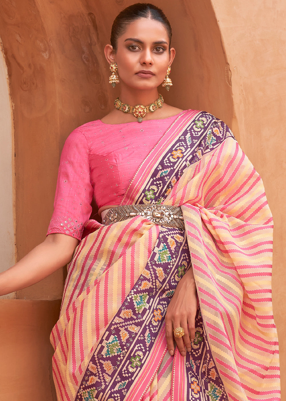 Cotton Candy Pink Patola Printed Tissue Silk Saree